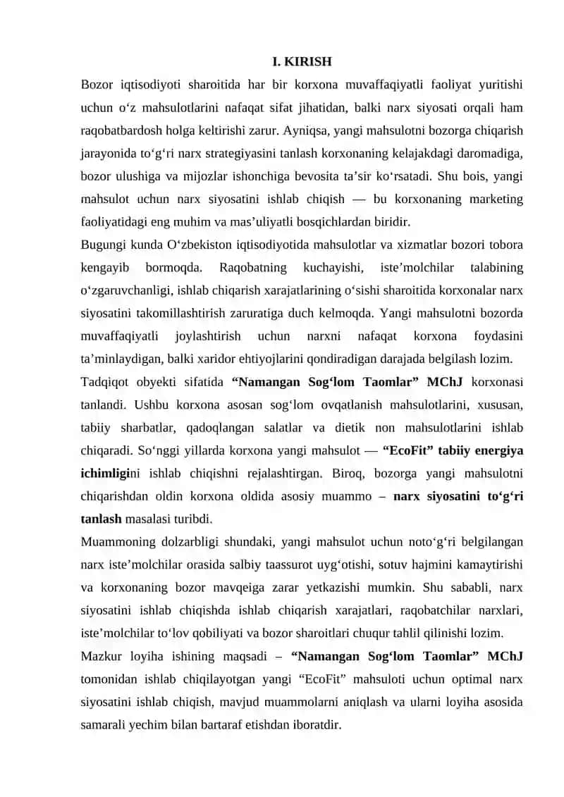 YANGI MAXSULOT UCHUN NARX SIYOSATINI ISHLAB CHIQISH MUOMMONI ANIQLASH VA LOYIXA SHAKLIDA YECHIM TOPISH. 3