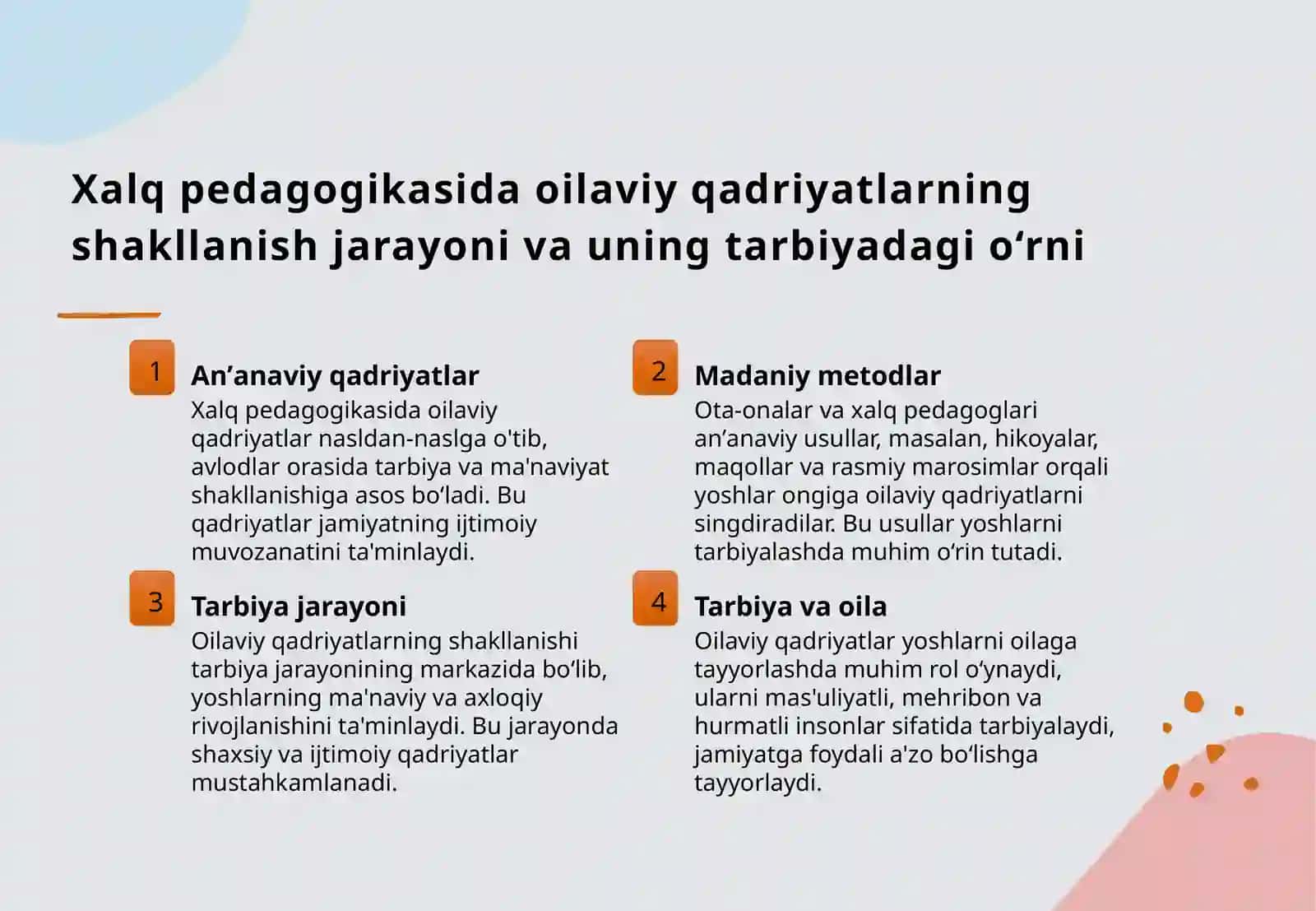 Oila tarbiyasining xalq pedagogika manbaalarida aks etishi.Xalq pedagogikasida yoshlarni oilaga tayyorlash masalalari 3