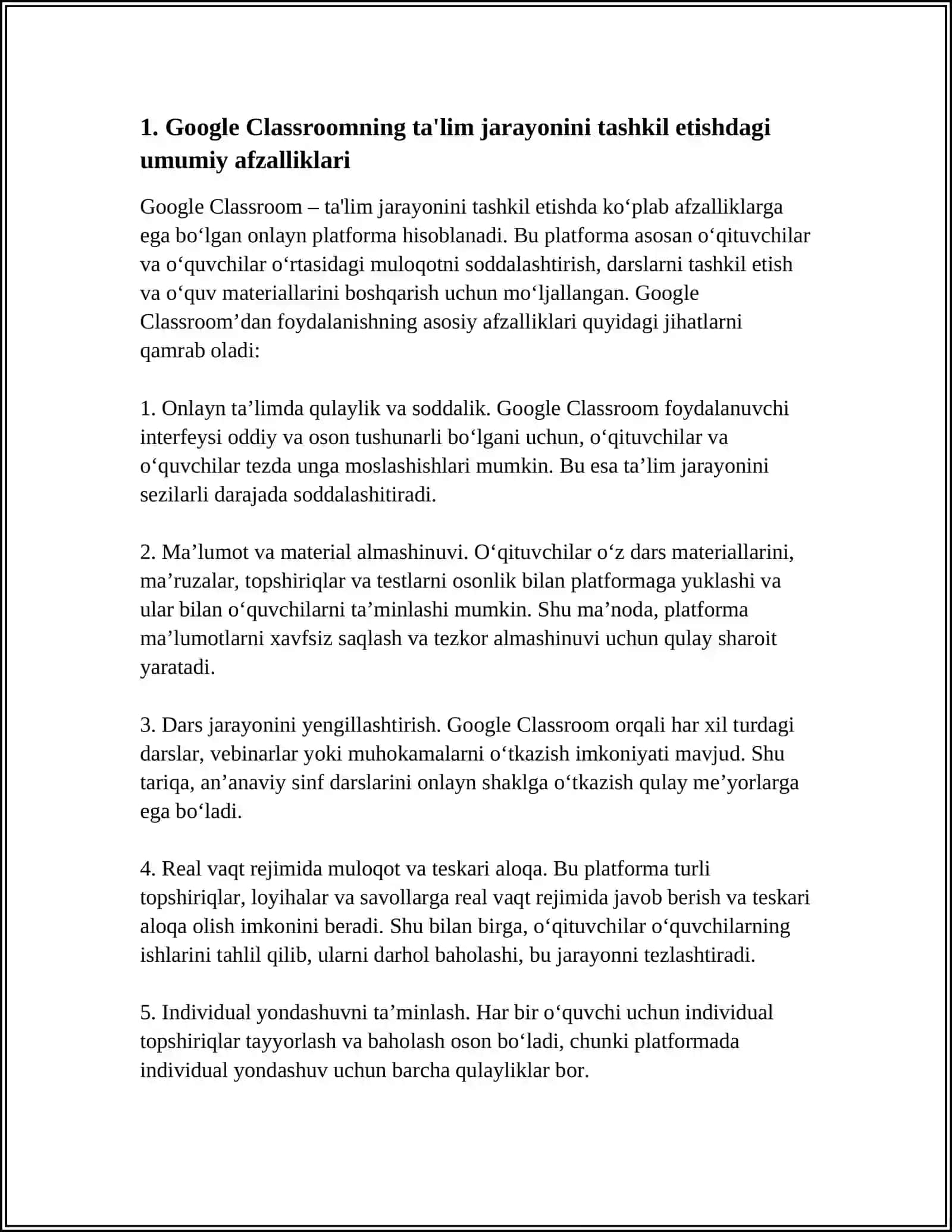 TALIM JARAYONINI TASHKIL ETISHDA GOOGLE CLASSROOM DASTURIDAN FOYDALANISH AFZALLIKLARI VA KAMCHILIKLARI 3