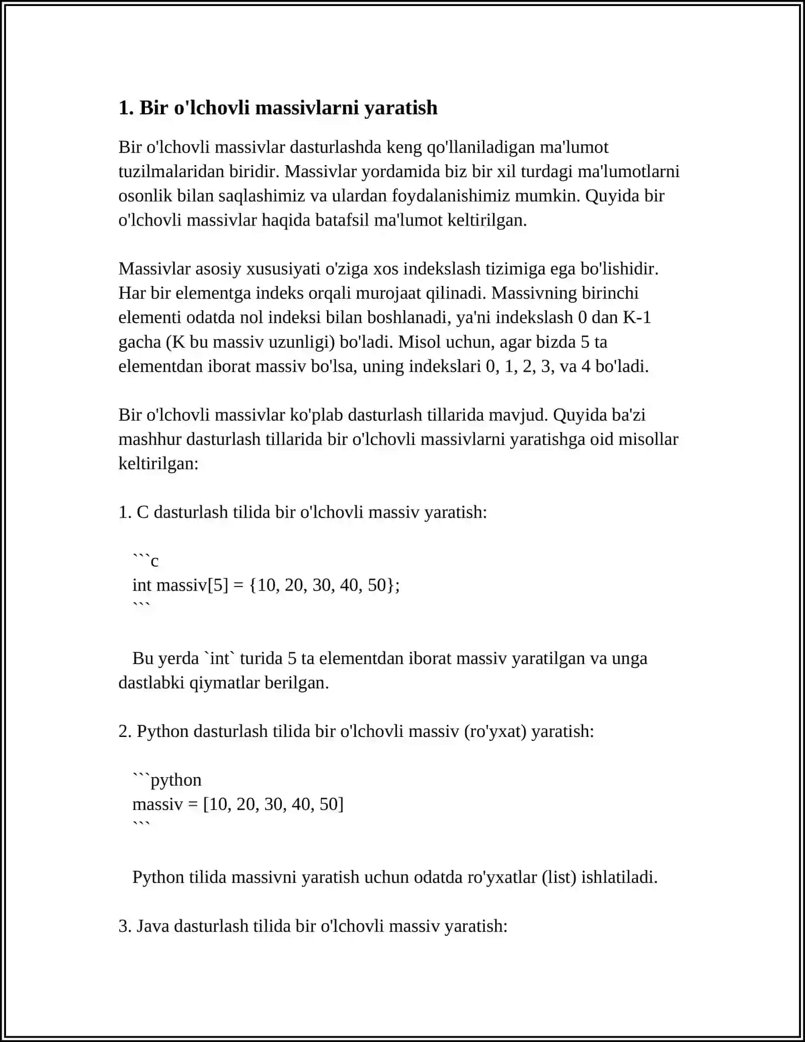 BIR O‘LCHOVLI VA KO‘P O‘LCHOVLI MASSIVLAR USTIDA AMALLAR BAJARISH 3