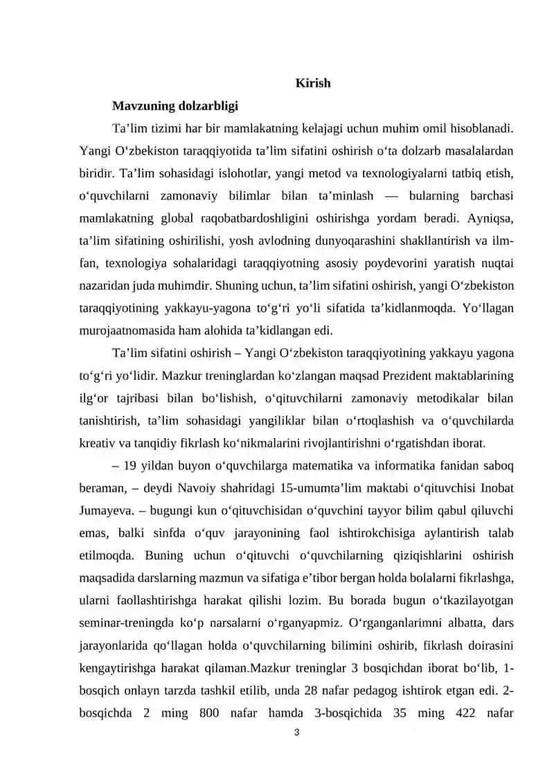 "Ta’lim sifatini oshirish — Yangi O‘zbekiston taraqqiyotining yakkayu-yagona to‘g‘ri yo‘lidir." 3