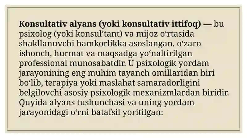 ’Konsultativ alyans’’, ’’Muammoli diagnostika’’, samaradorlik sharti va psixologik vositachilik 3