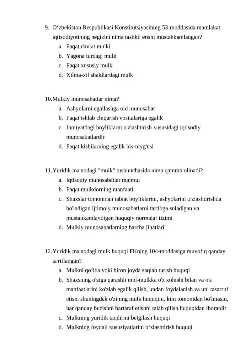 Mulk huquq modulidan oraliq testi 3