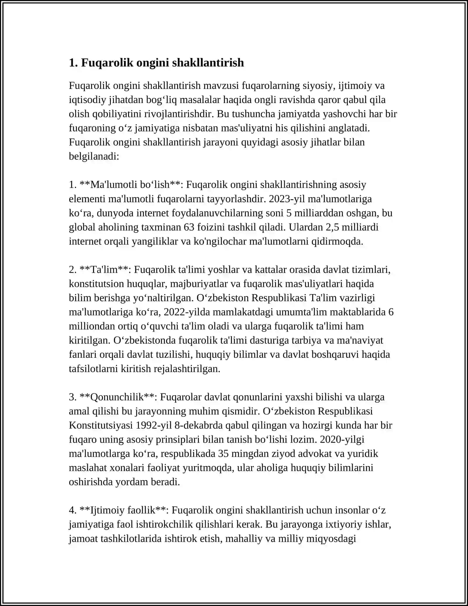 MUSTAQIL ISH Mavzu: YAGONA OʻQUV-TARBIYA JAROYONIDA FUQOROLIK VA VATANPARVARLIK TARBIYASI 3