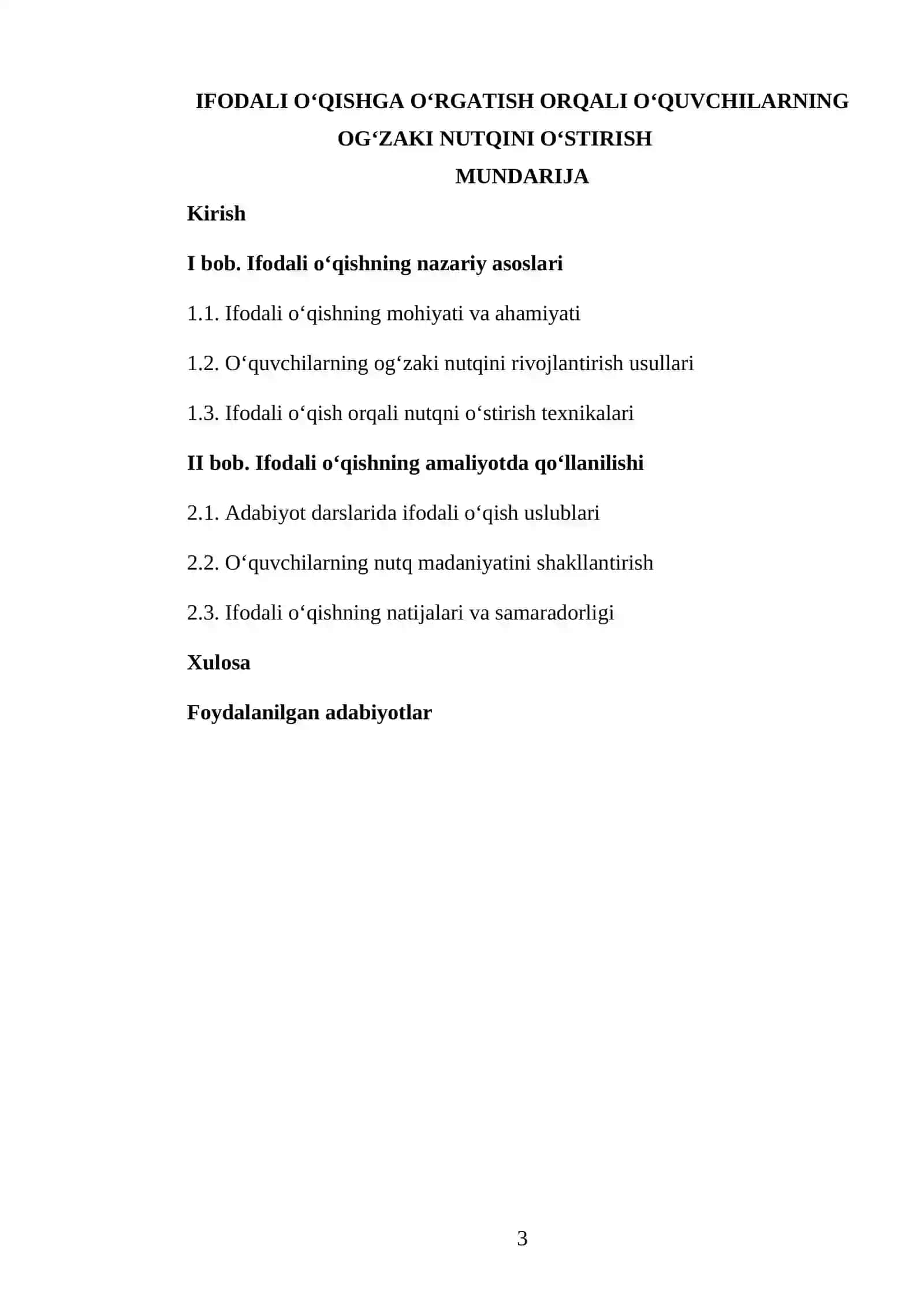 OʻZBEK ADABIYOTI OʻQITISH METODIKASI FANIDAN TAYYORLAGAN KURS ISHI 3