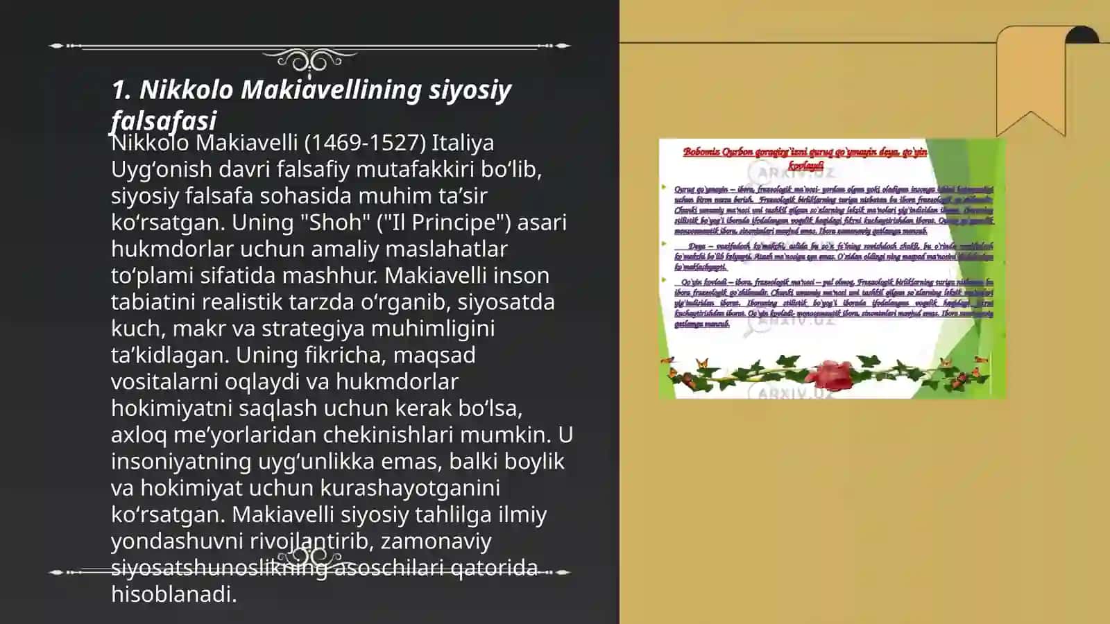 Nikkolo Makiavellining Huhumdor asari boʻyicha taqdimot tayyorlash 3