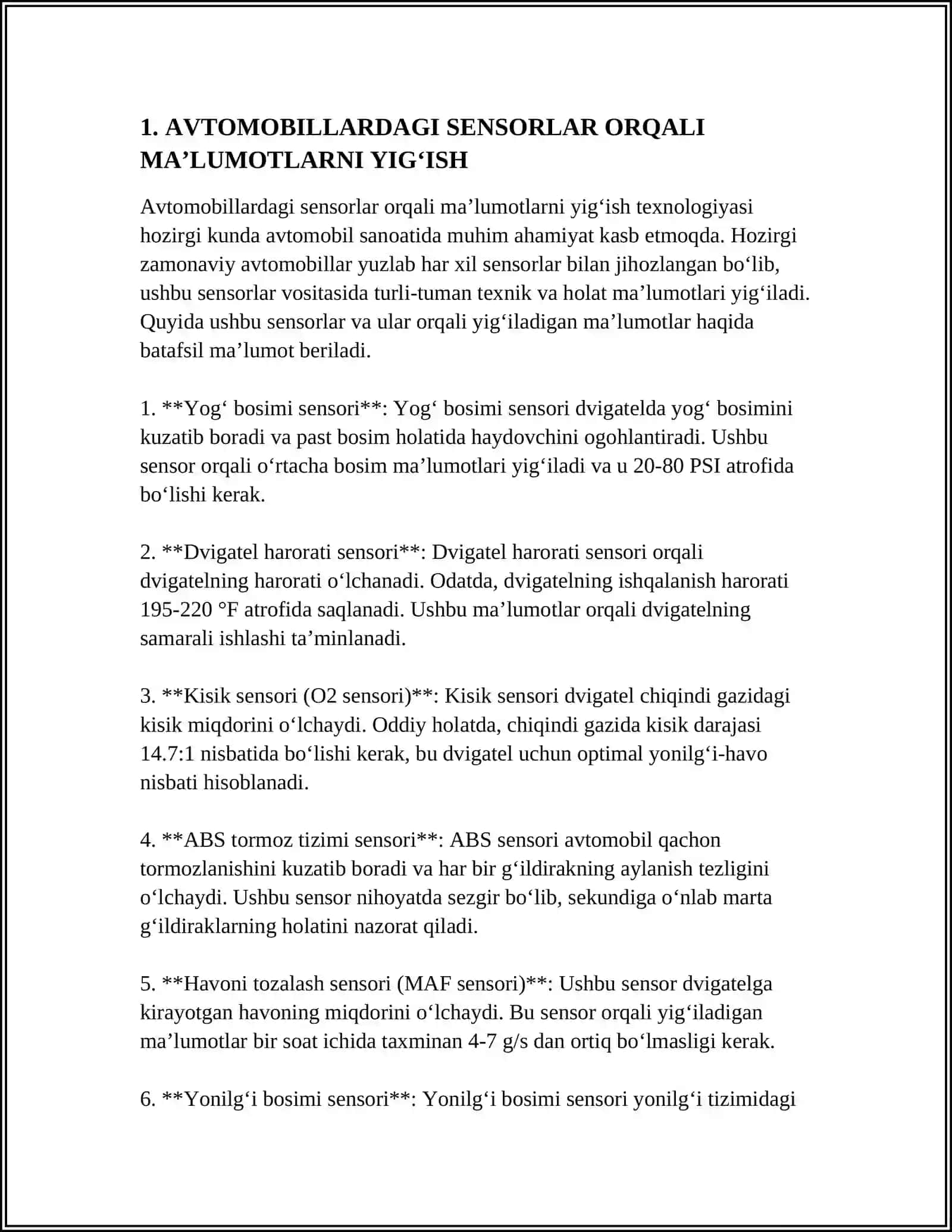 AVTOMOBIL MA’LUMOTLARINI TAHLIL QILISH: BAXTSIZ HODISALARNI BASHORAT QILISH VA TEXNIK XIZMAT KO‘RSATISH 3