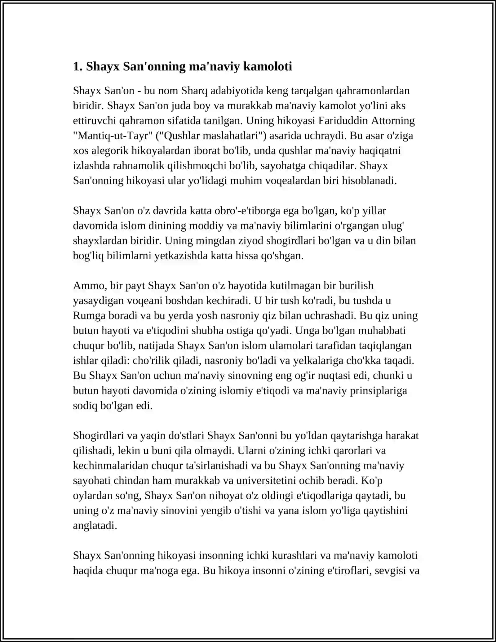 LISON UT-TAYR” DOSTONIDAGI “SHAYX SANʻON” HIKOYATINING G’OYAVIY TALQINI 3