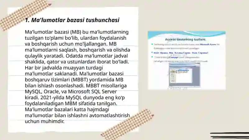 Ma'lumot bazasini turlari va axborot tizimlarini qurishdagi roli. Ma'lumotlar bazasini tashkil etish usullari. MS Accessda ma'lumotlar bazasini yaratish 3