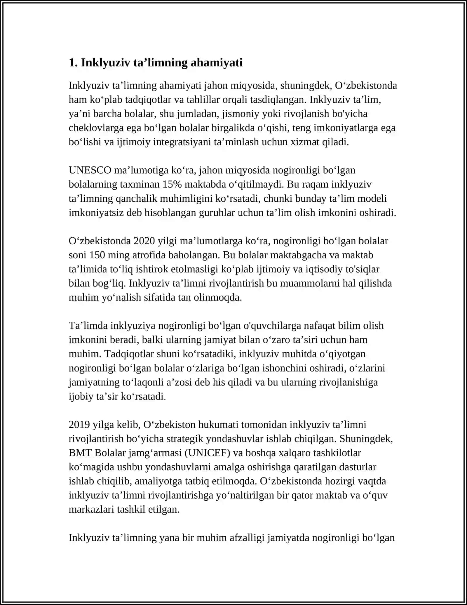 O‘ZIGA XOS RIVOJLANISH XUSUSIYATLARIGA EGA BOLALARNI UMUMIY BOLALAR BOG‘CHASIGA INKLYUZIV TA’LIM JORIY ETISH LOYIHASI 3