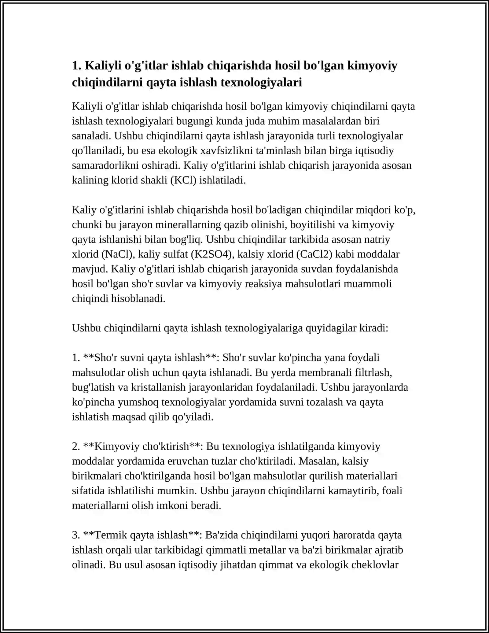 KALIYLI O'G'ITLAR ISHLAB CHIQARISHDA HOSIL BO'LGAN CHIQINDINI QAYTA ISHLASH 3