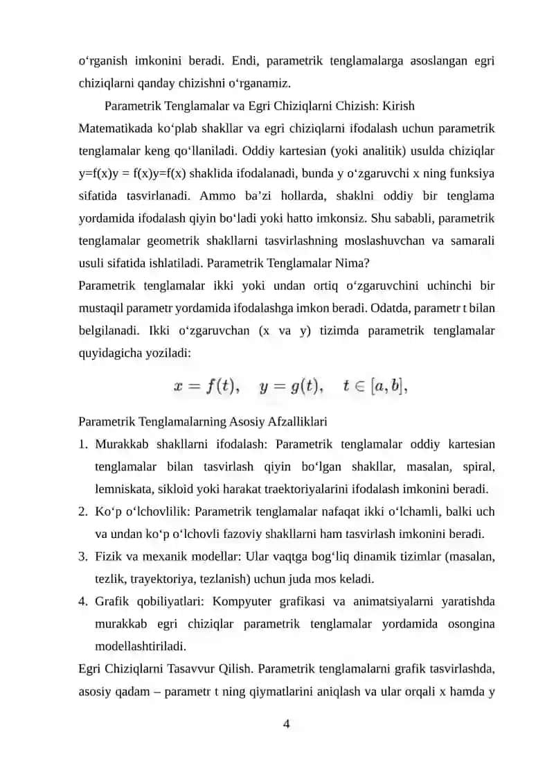 PARAMETRIK TENGLAMALAR BILAN BERILGAN EGRI CHIZIQLARNI CHIZISH 3