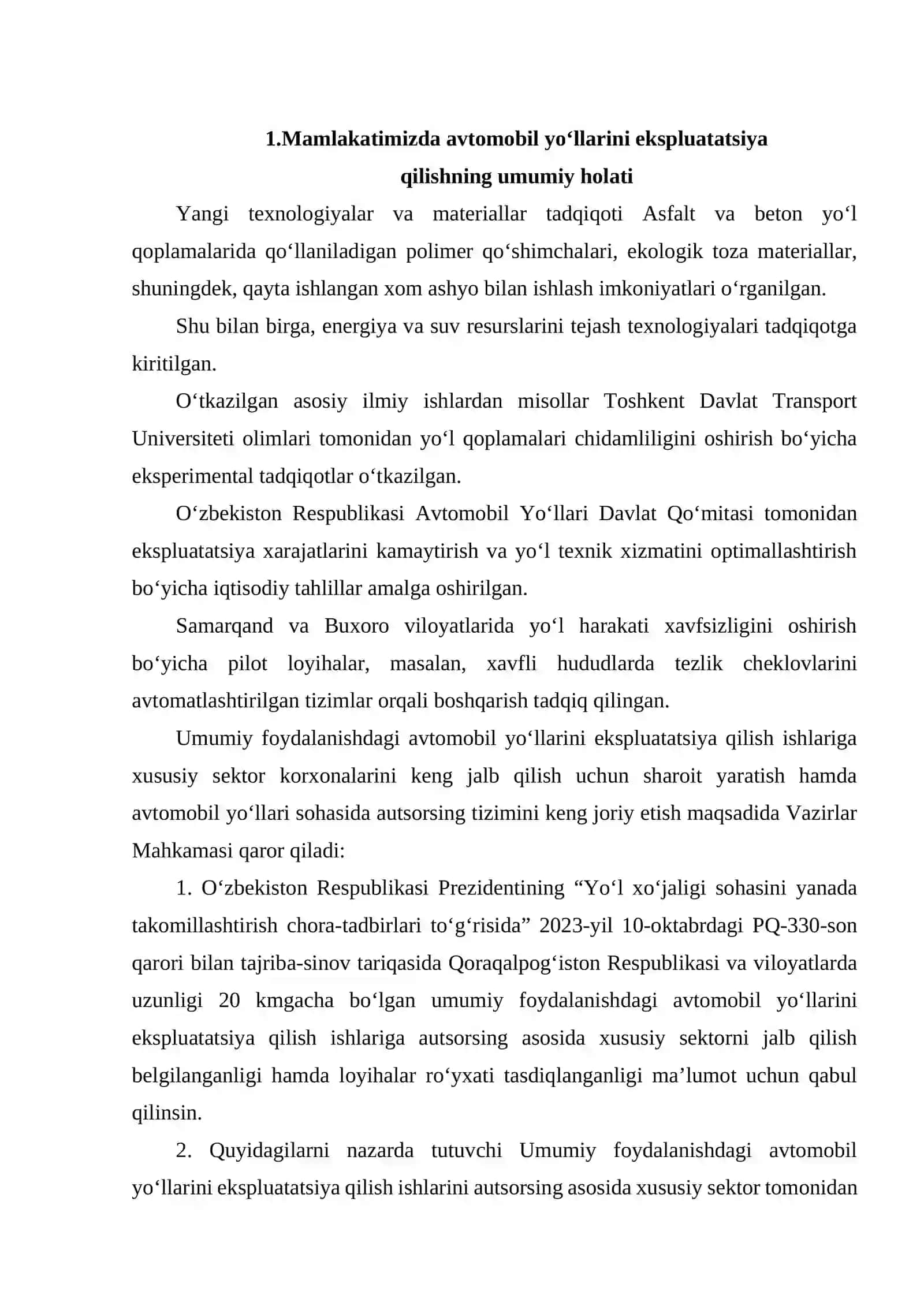 AVTOMOBIL YO‘LLARINI EKSPLUATATSIYA QILISH SOHASIDA MAMLAKATIMIZDA OLIB BORILGAN ILMIY TADQIQOTLAR TAHLILI 3