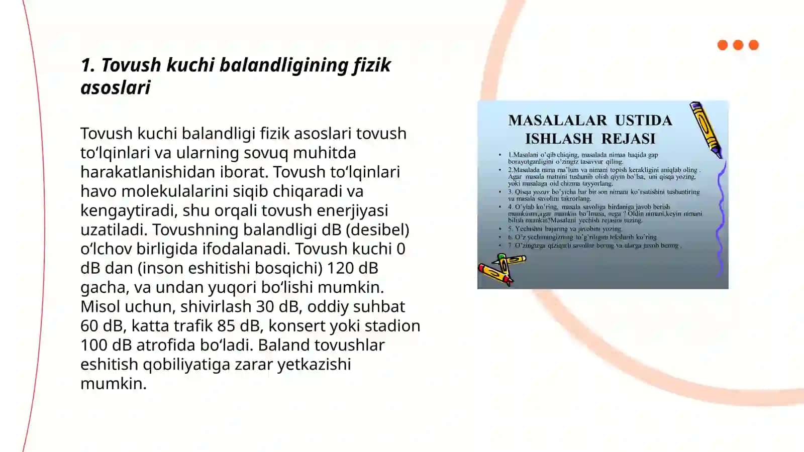 Tovush kuchi balandligi tembir nimalarga bogʻliqligi har xil muhitda tarqalish tezligi lakatsiyasi 3