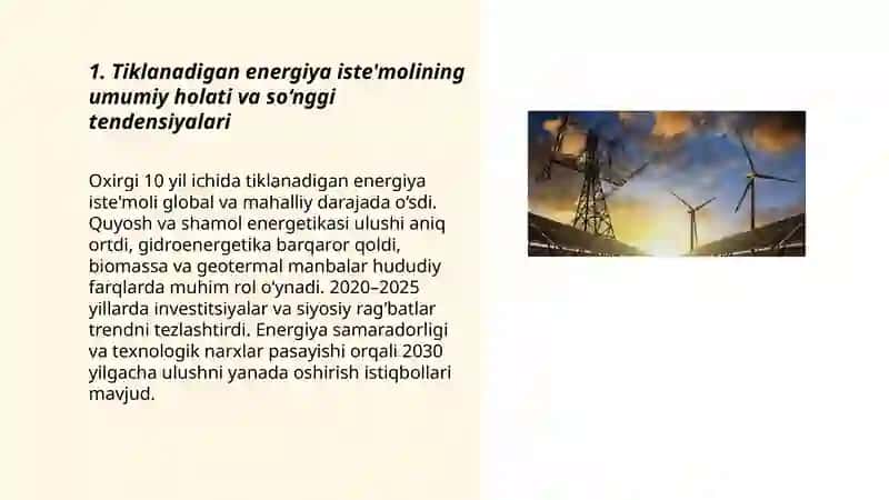 Tiklanadigan energiya iste'molining holati, tarkibi va rivojlanish istiqbollari 3