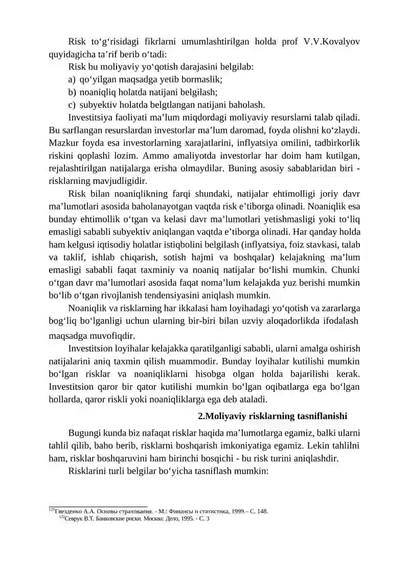Zamonaviy (Amaliy) Moliya va Risklar Reja 3