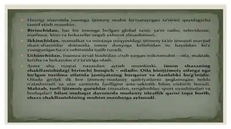 Shaxsning rivojlanishi, tarbiyasi va ijtimoiylashuvi.                        Reja: 1.Shaxsning rivojlanishi 2.Tarbiyalash  3.Ijtimoiylashuv 4.Shaxsning rivojlanishiga ta’sir qiluvchi omillar  5.Tarbiyaning asosiy vazifasi 3