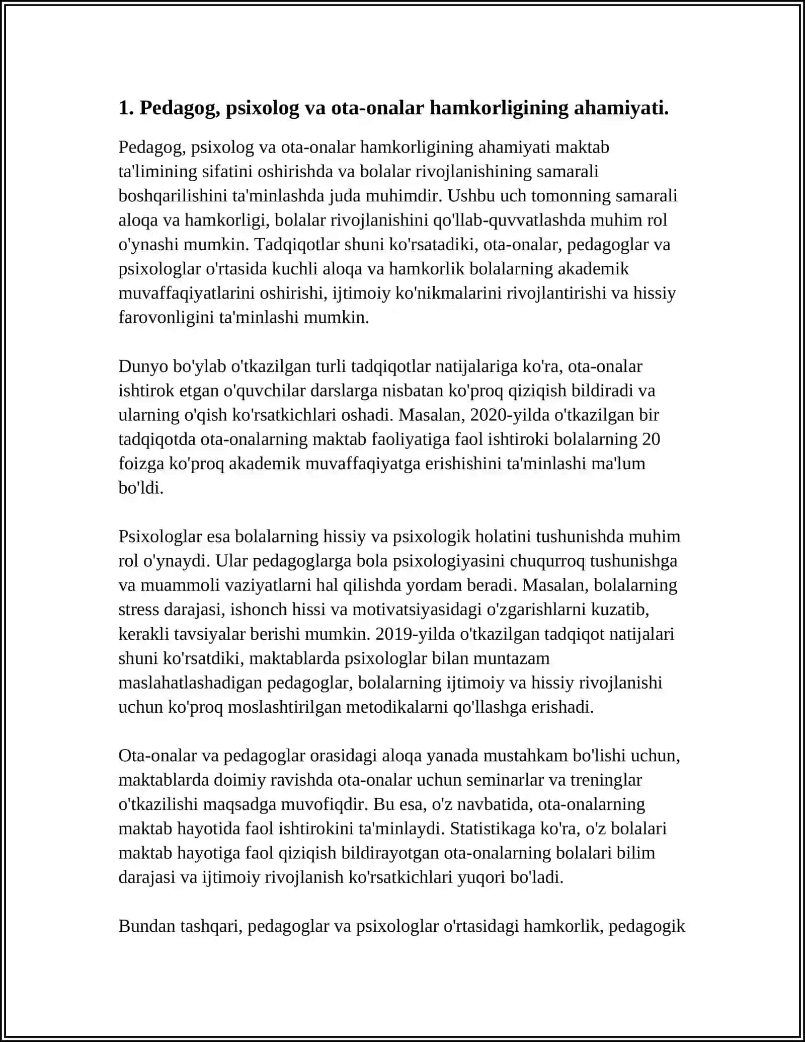 MAKTABGACHA YOSHDAGI BOLALAR TAʼLIM TARBIYASIDA PEDAGOG PSIXOLOG VA OTA ONALAR HAMKORLIGI MAVZUSIDA15 LIST REFERAT 3