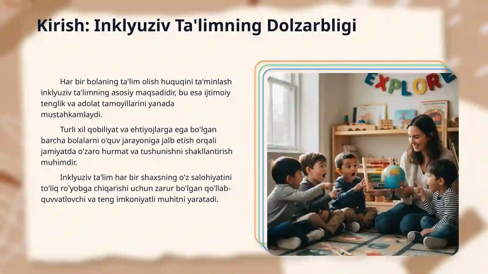 8-mavzu: Turli darajadagi intellektual yetishmovchiligi boʻlgan bolalar uchun inklyuziv ta’lim strategiyalari va ularni amalga oshirish shart-sharoitlari 3