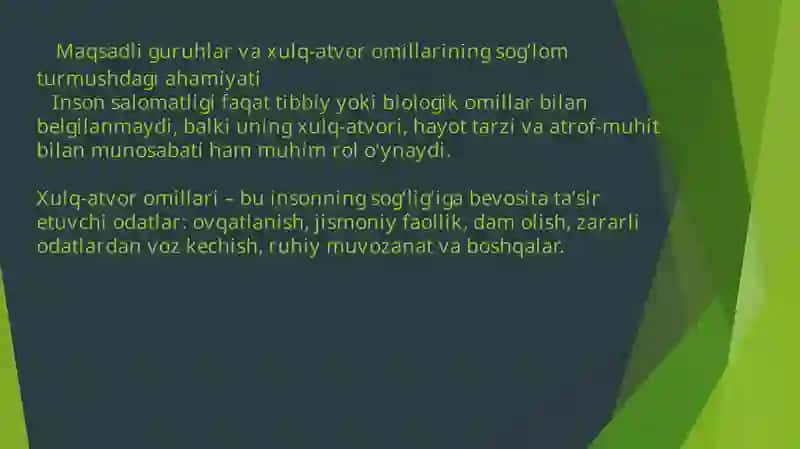 Maqsadli guruhlar va xulq-atvor omillariga ta'sir ko'rsatishning valeoilogik yondashuvi. Ma'naviy , ruhiy, jismoniy,tibbiy aspektlarva ularning standartlari 3