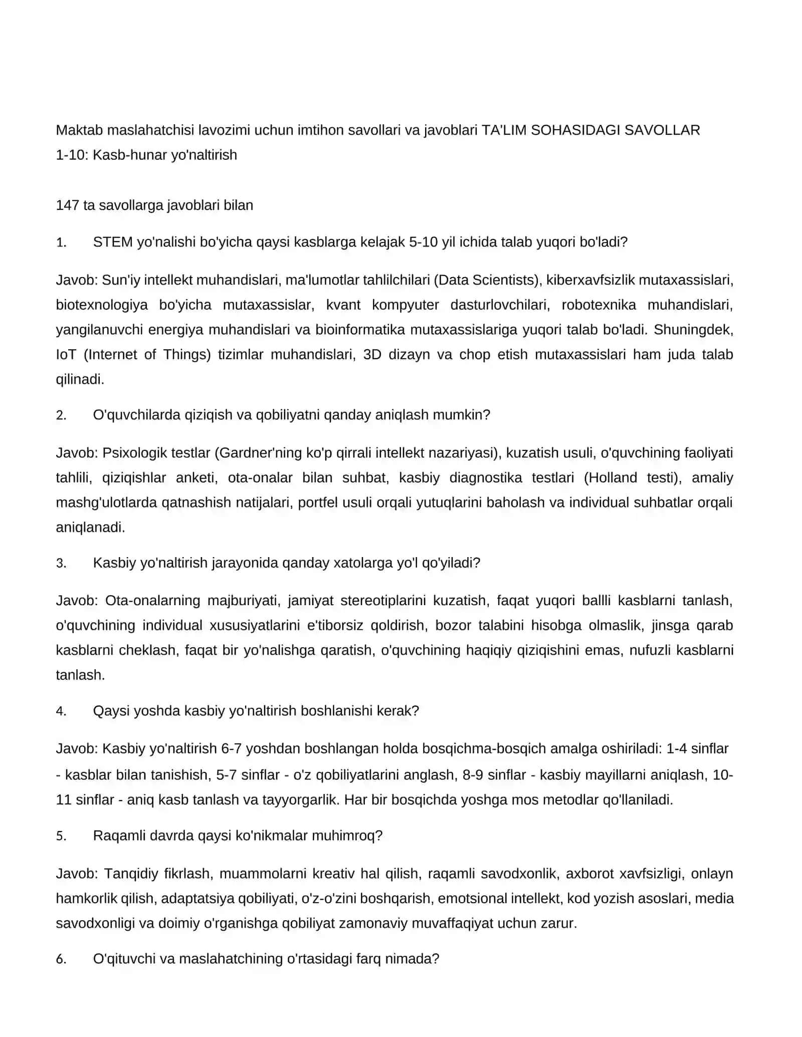Maktab maslahatchisi lavozimi uchun imtihon savollari va javoblari 147 ta 3