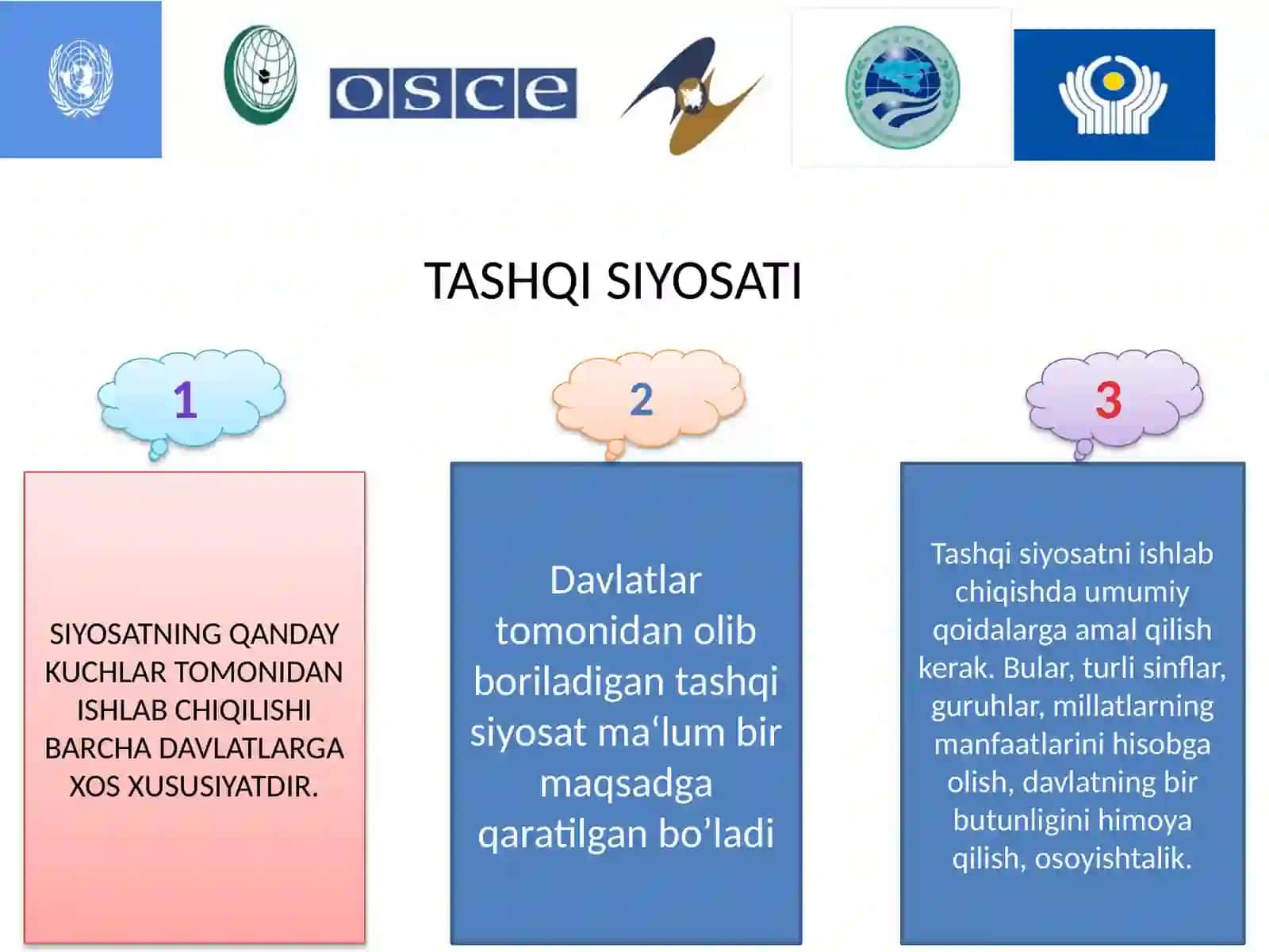 O‘ZBEKISTONNING JAHON HAMJAMIYATIDAGI O‘RNI VA XALQARO TASHKILOTLAR BILAN MUNOSABАTLARI 3