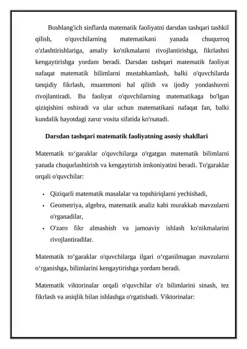 Mavzu: Boshlang'ich sinflarda darsdan tashqari matematik faoliyatni tashkil qilish 3