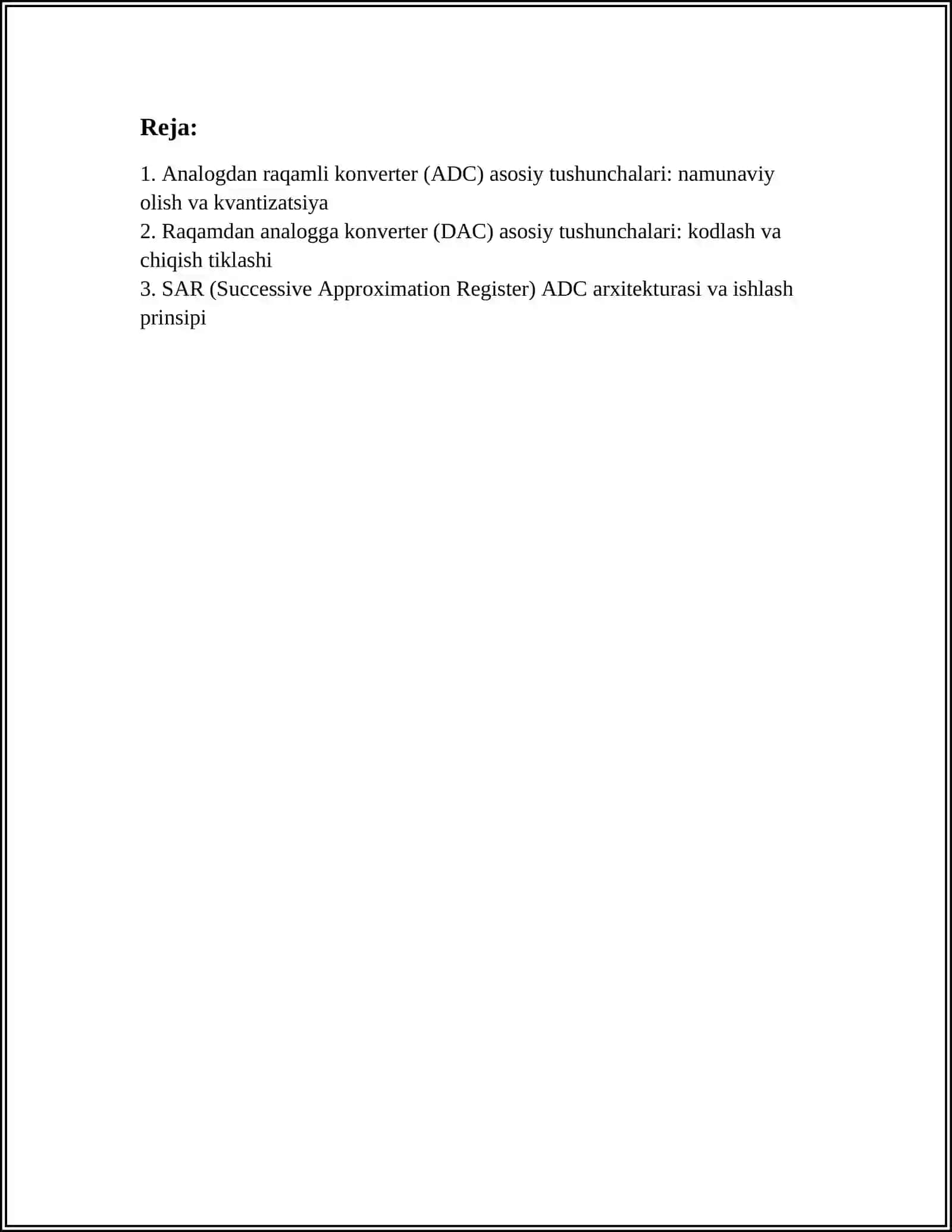 ANALOG-RAQAMLI(ANALOG TO FIGURALI CONVERTER) VA RAQAM-ANALOGLI (DIGITAL TO ANALOG CONVERTER) OʻZGARTIRUVCHI QURILMALAR 3