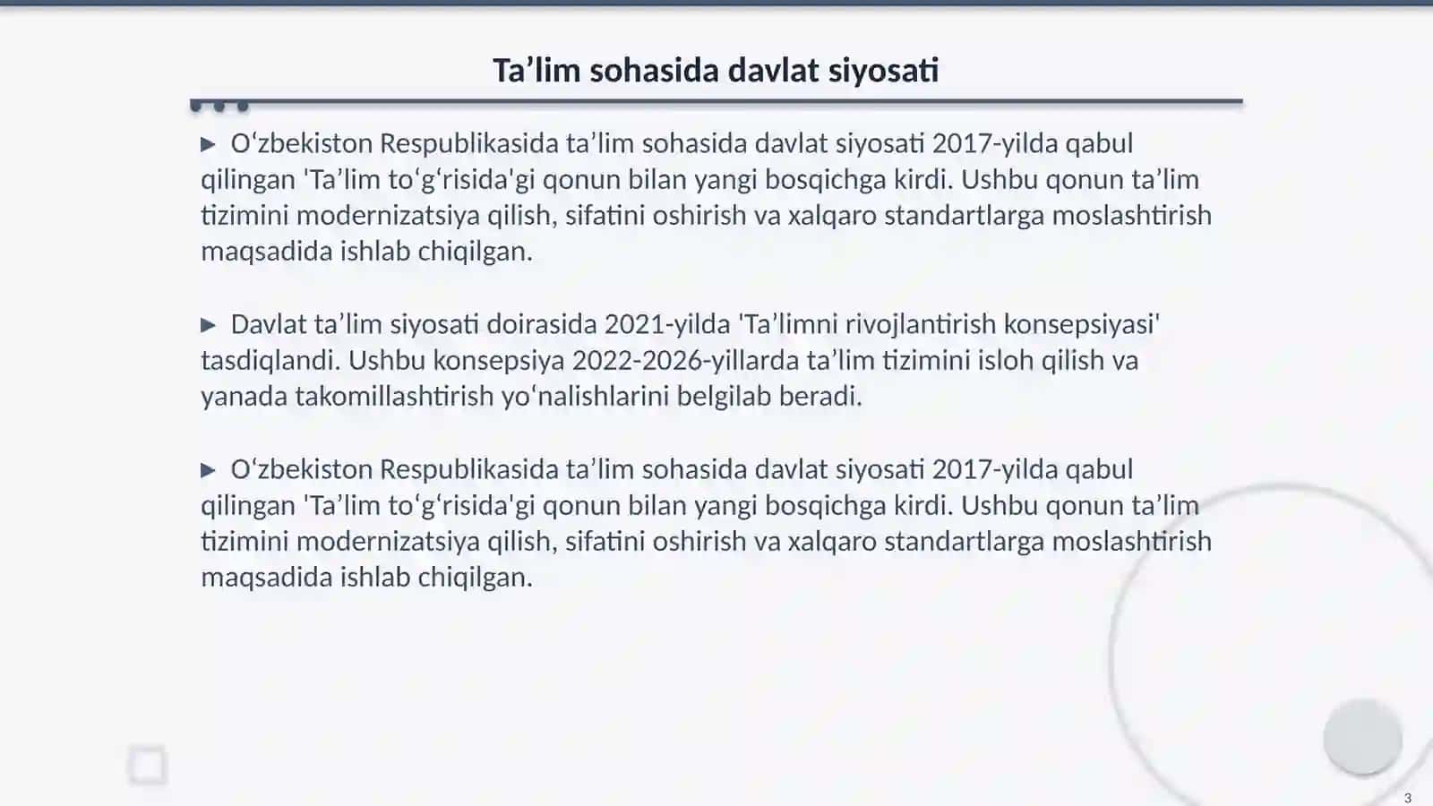 Oʻzbekiston Respublikasida taʼlim sohasida olib borilgan islohatlar 3