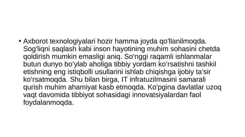Zamonaviy axborot texnologiyalaridan bugungi kunda foydalanish darajasi, ularni tibbiyotdagi ahamiyati 3