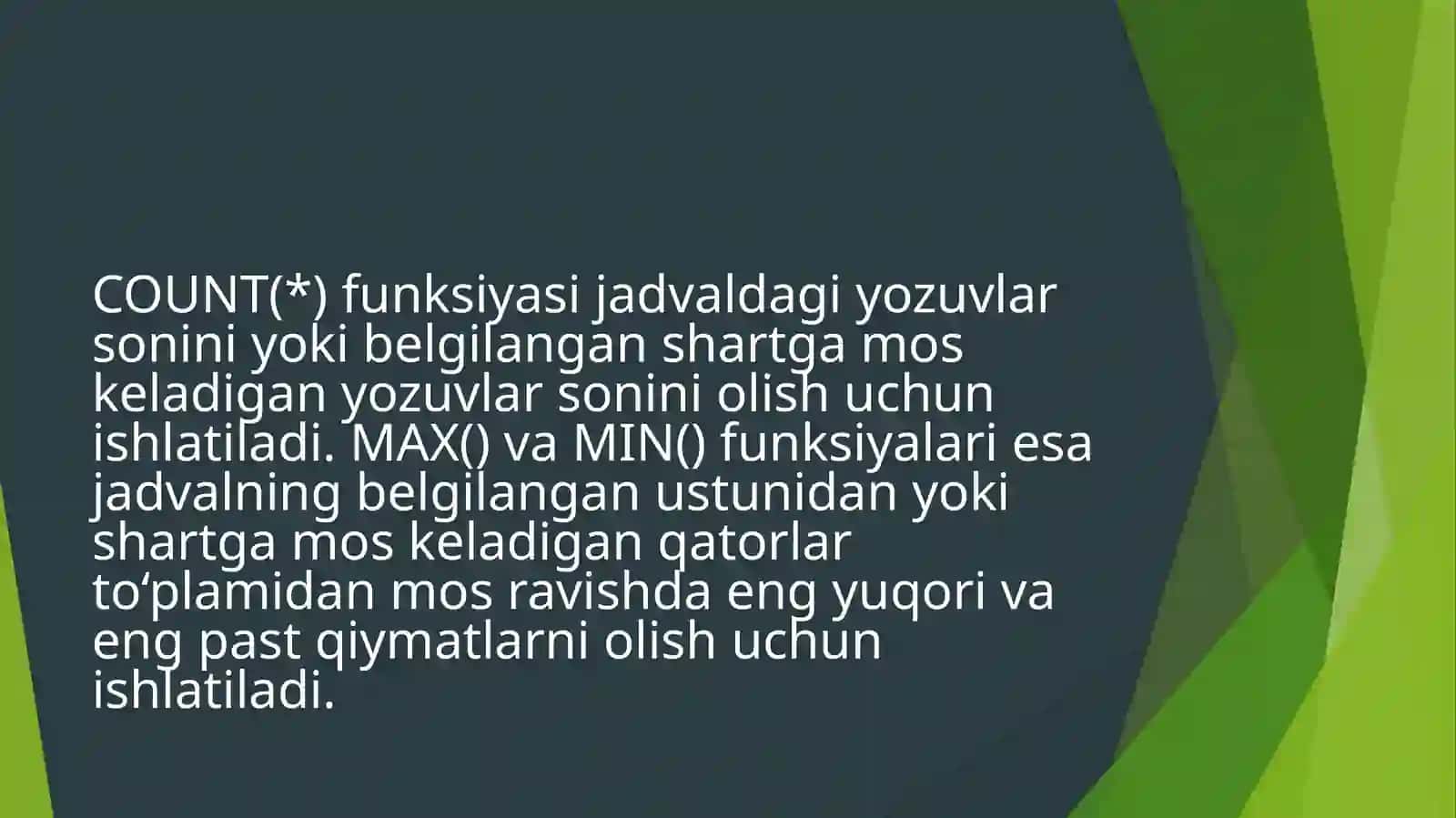 MA'LUMOTLAR BAZASINI BOSHQARISH VA DASTURLASH TEXNOLOGIYALARI FANIDANTAYYORLAGAN TAQDIMOTI 3