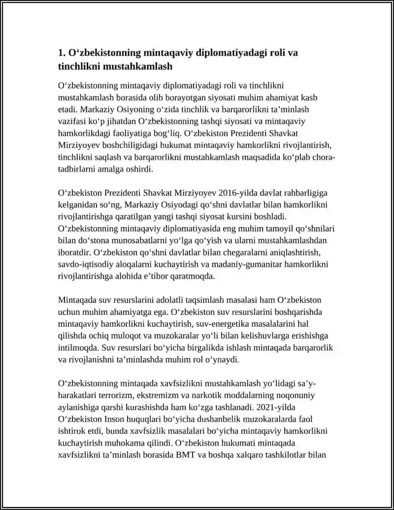 O'ZBEKISTONNING MARKAZIY OSIYODA TINCHLIK VA BARQARORLIKNI TA'MINLASHDAGI OʻRNI 3
