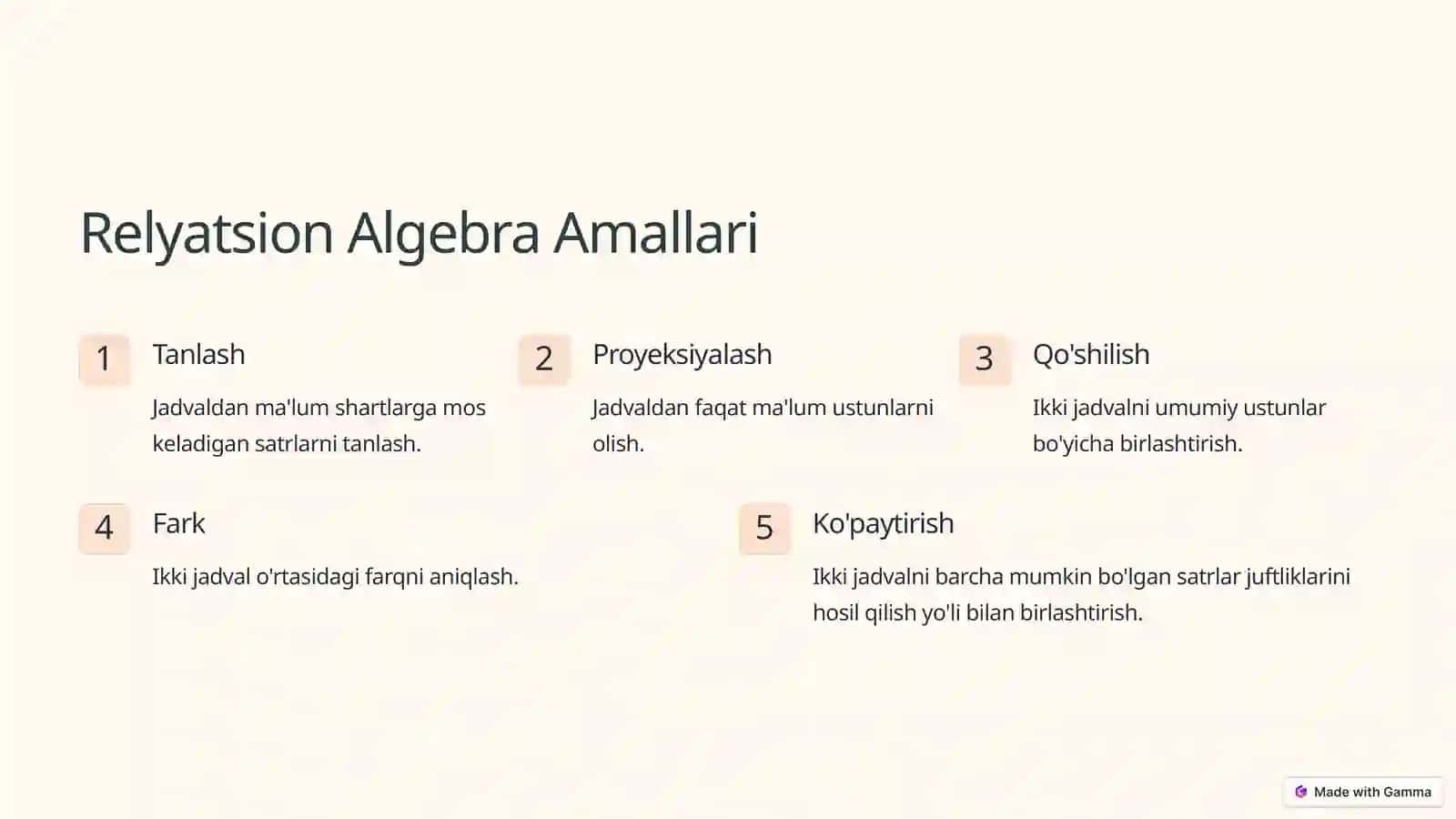 Relyatsion Algebra va Relyatsion Hisoblash Elementlari 3