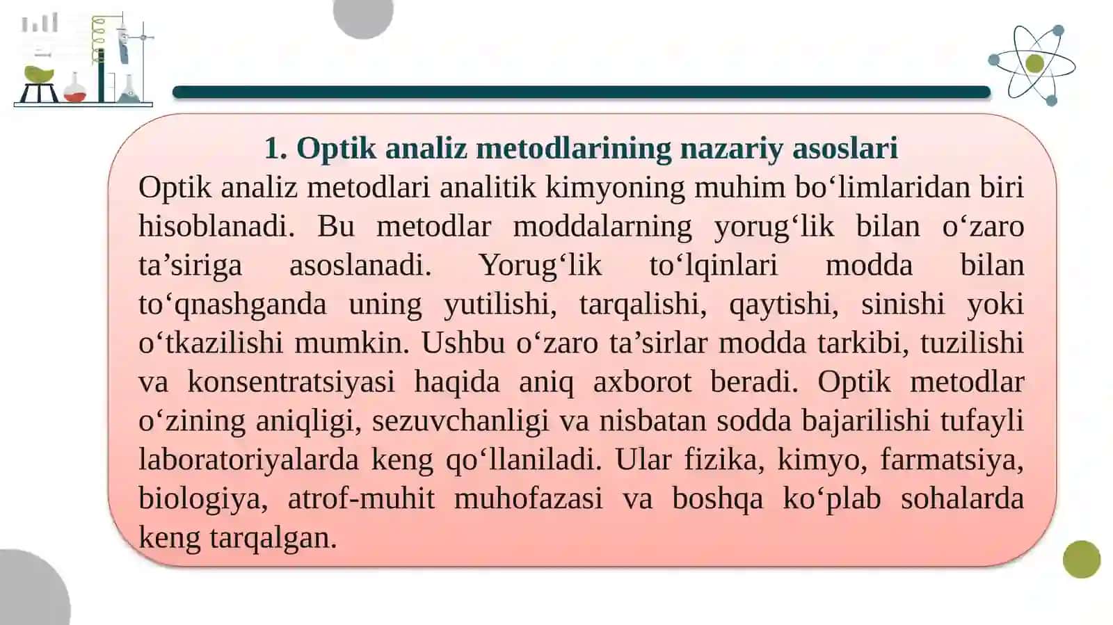 Analitik kimyo fanidan kurs ishiga tayyorlagan taqdimoti. Optik analiz metodlari 3