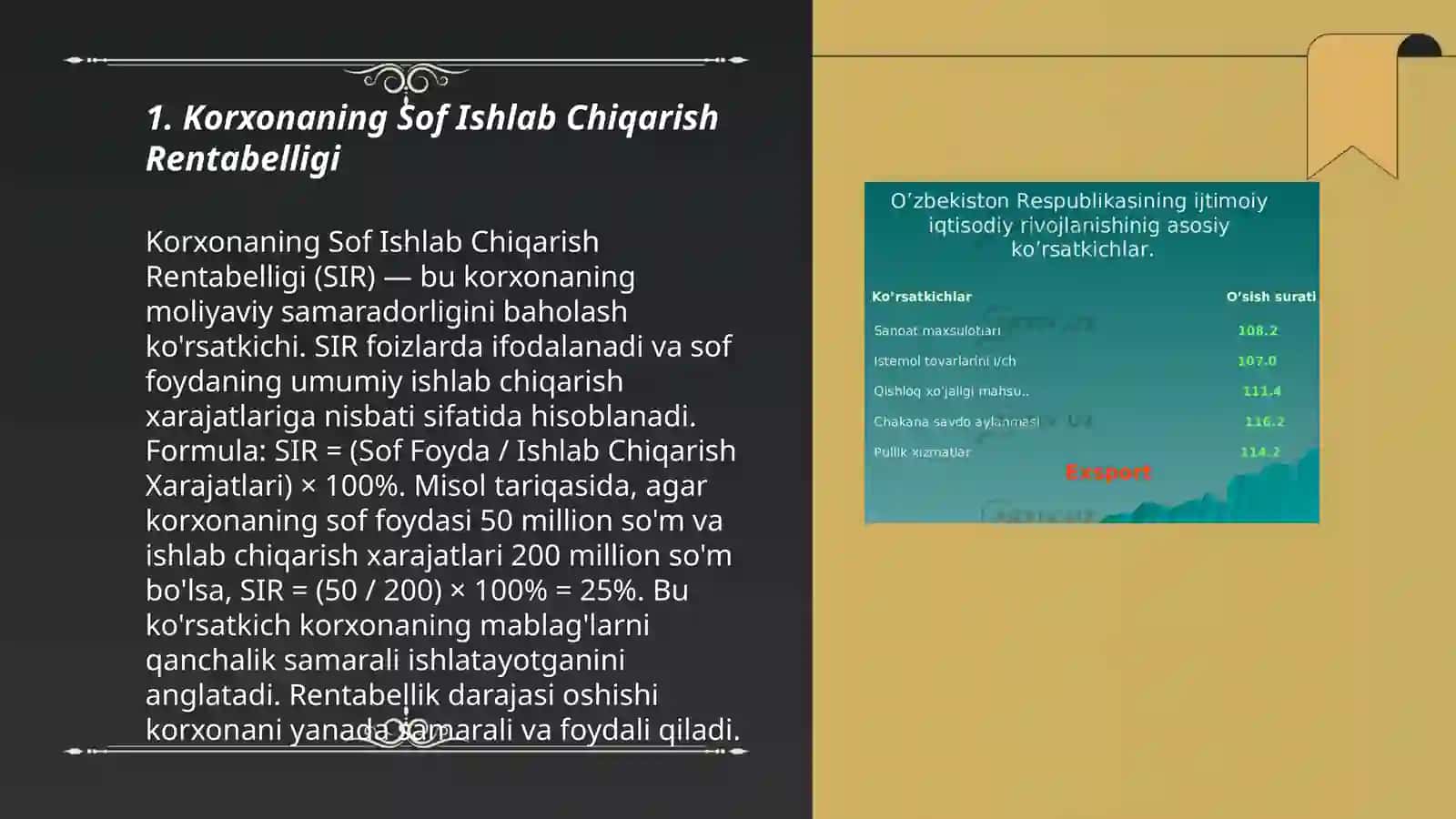 Korxonaning Iqtisodiy va rentabillik ko'rsatkichlari 3