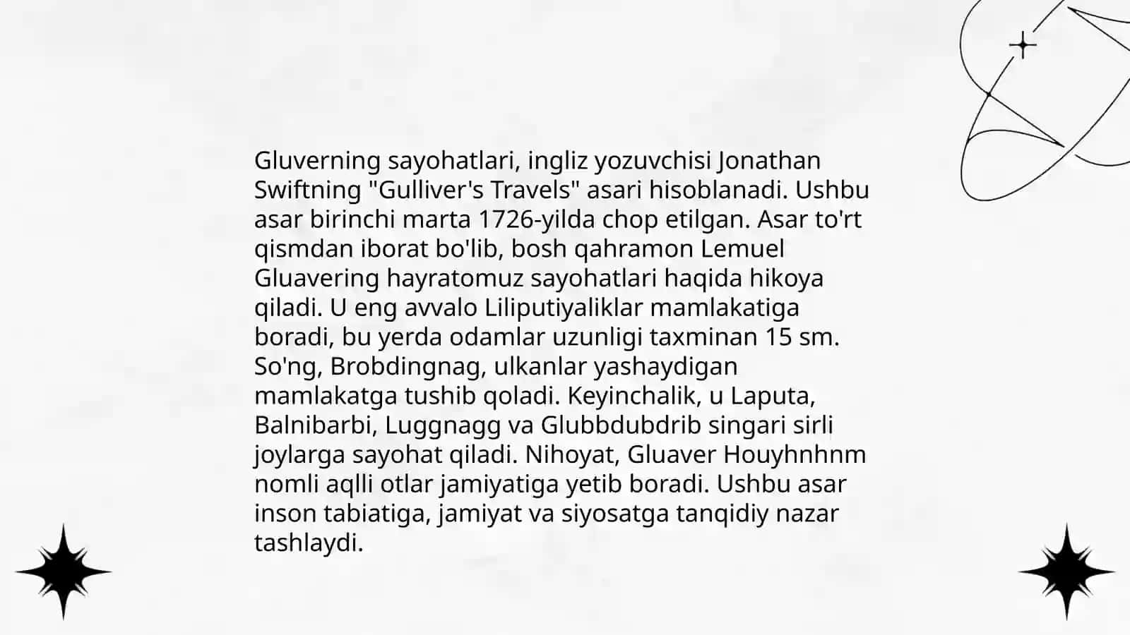 Gluverning sayohatlari romanidan J Svift fantastikasining realistik nehizi Xolmquliva Feruza 3