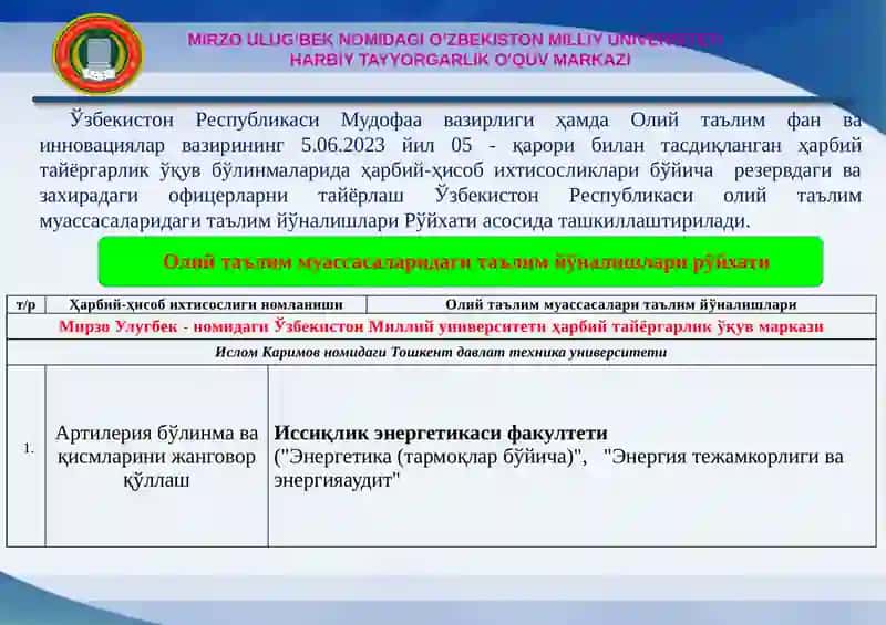 Олий Таълим Муассасалари Талабалари Ҳарбий Тайёргарлик Ўқув Бўлинмалари 3
