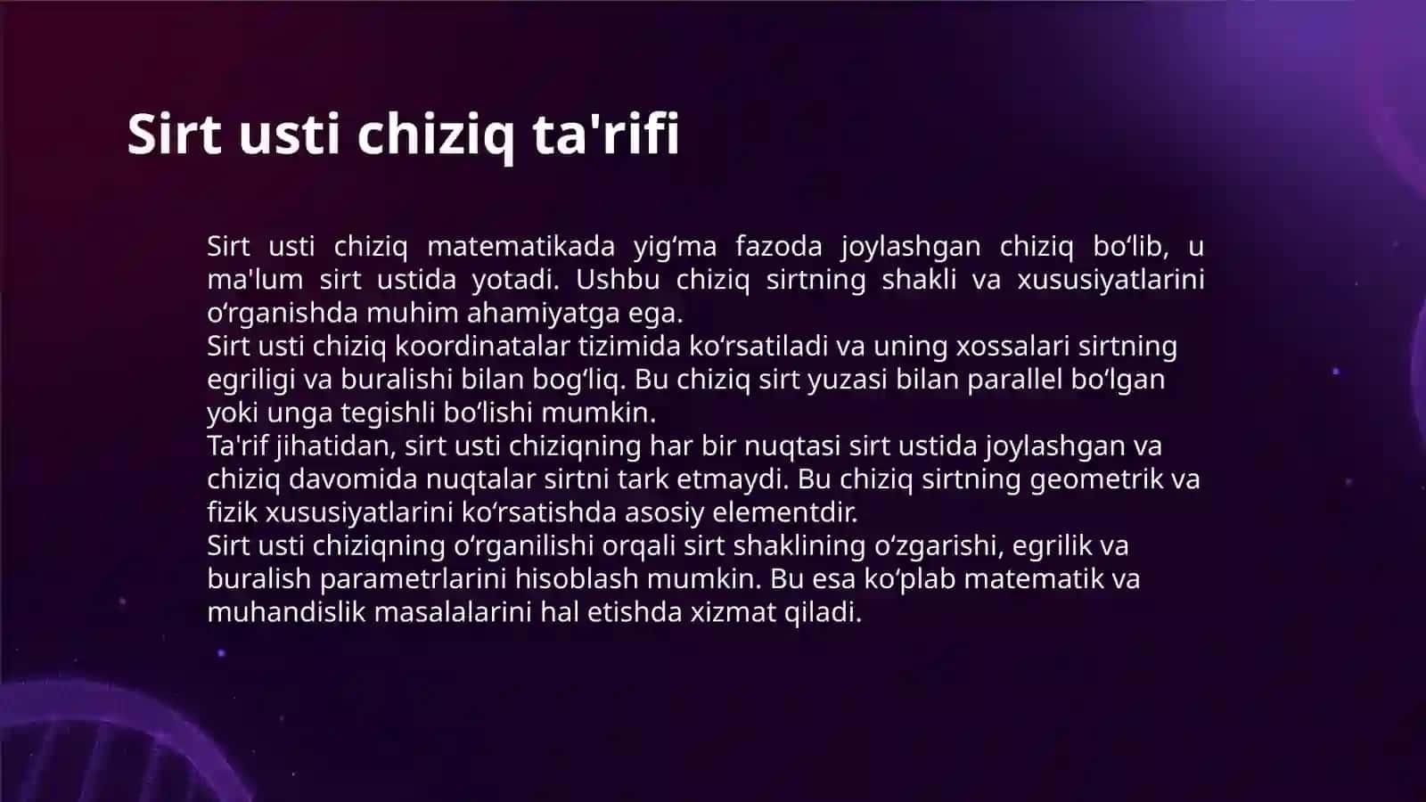 Sirt usti chiziqning egriligi va buralishi 3