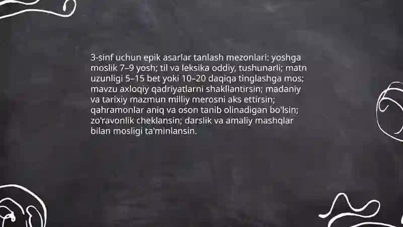 Boshlang'ich sinfda epik asarlar ustida ishlash metodik tavsiyalar ishlab chiqish 3-sinf 3