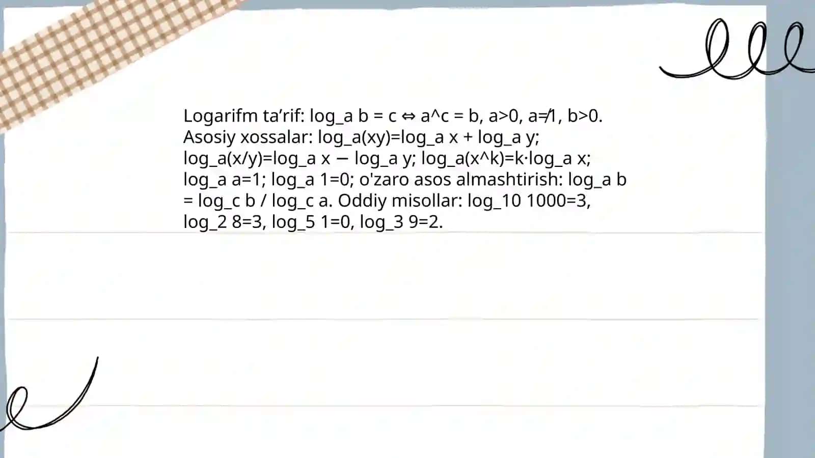 Logarifmik funksiyalar va ularning xossalariga oid misollar yechish 3