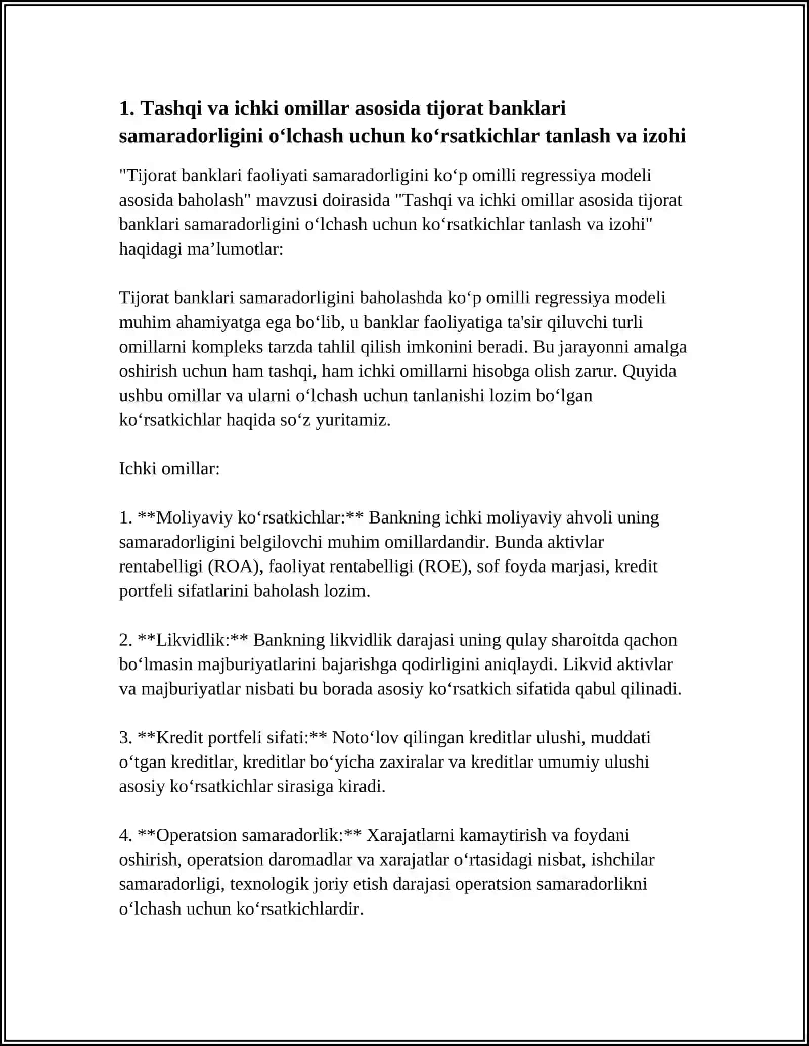 TIJORAT BANKLARI FAOLIYATI SAMARADORLIGINI KOP OMILLI REGRESSIYA MODELI ASOSIDA BAXOLASH 3