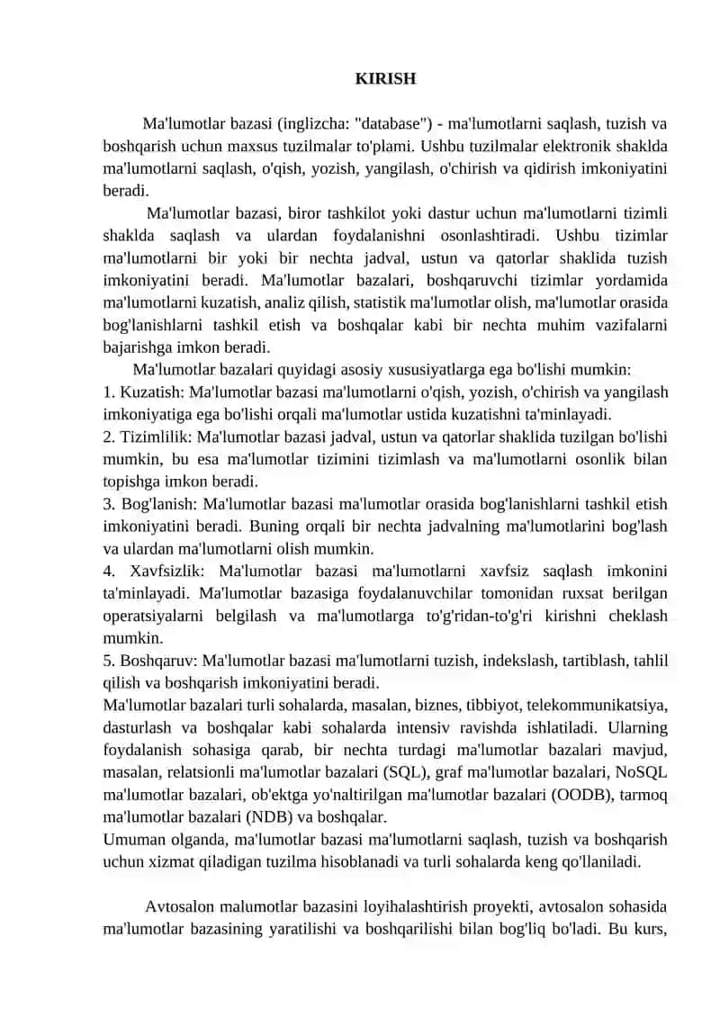 "Avtosalon uchun ma’lumotlar bazasini va avtomatlashgan Tizimni ishlab chiqish" 3