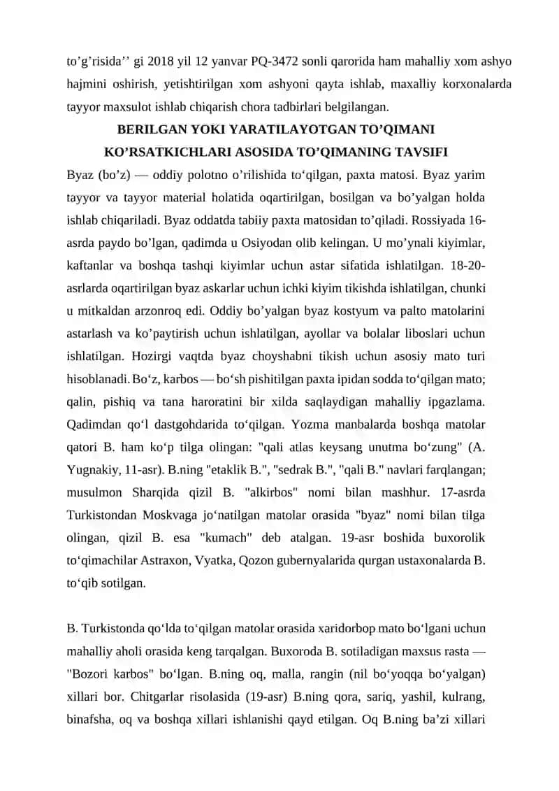 Byaz assortimentdagi to’qima ishlab chiqarish korxonasini loyihalash kurs ishi 3