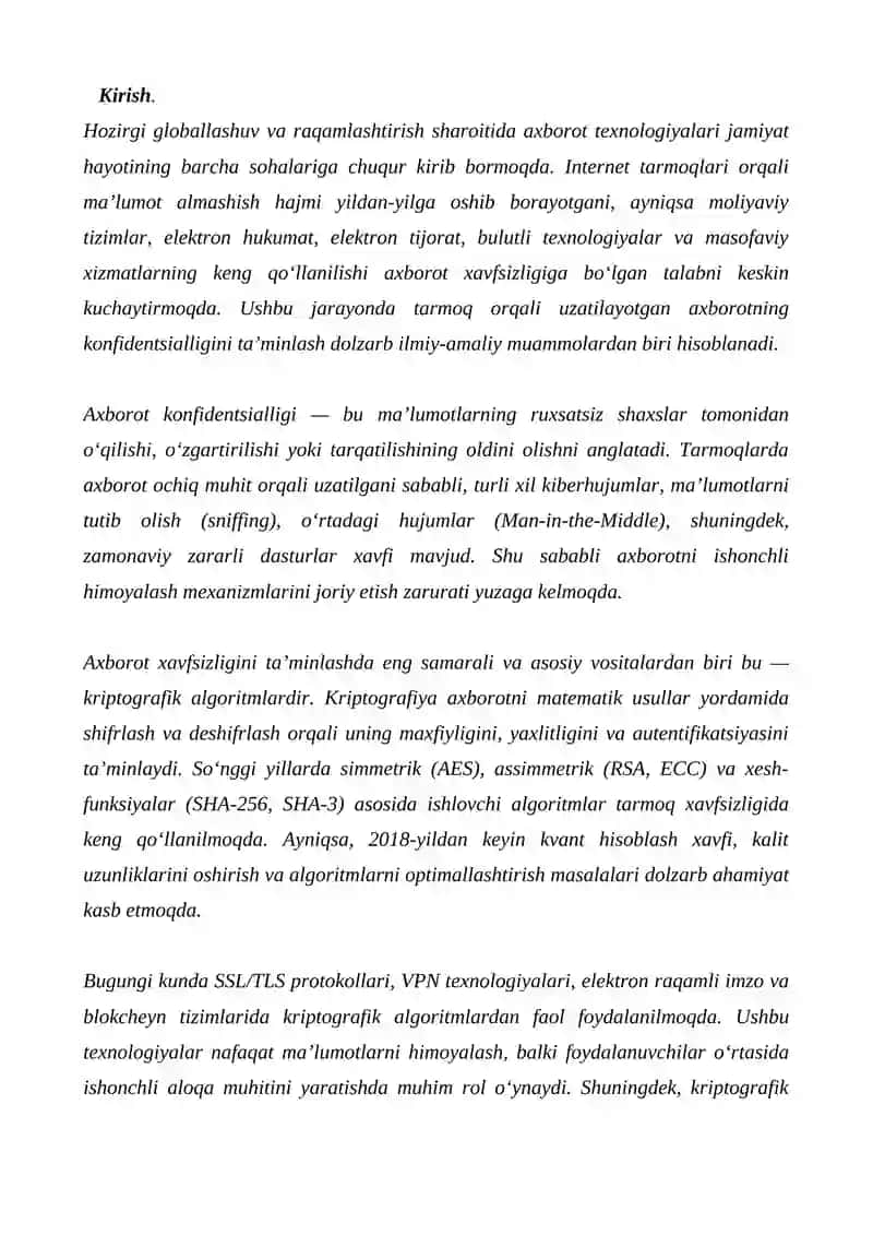 Tarmoqda uzatilayotgan axborot konfidensialligini ta’minlashda kriptografik algoritmlardan foydalanish holati 3