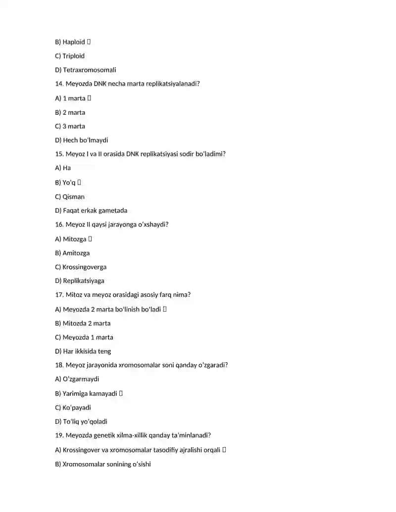 Hujayra reproduksiyasi va meyoz jarayoni bo'yicha testlar 3