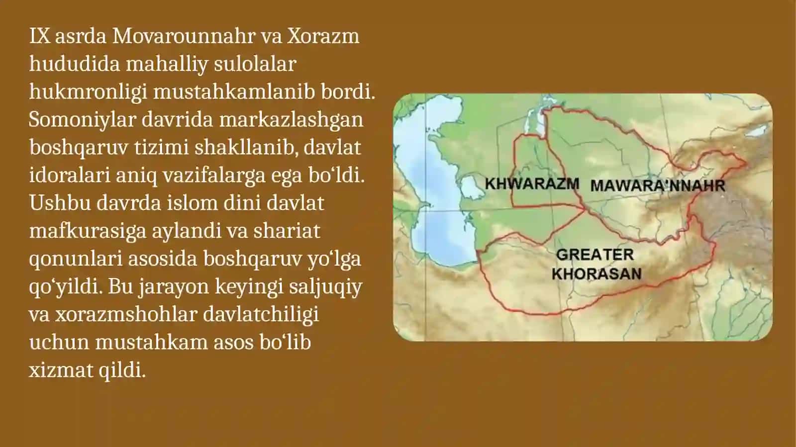 IX-Xlll asr boshlarida o’zbek davlatchiligi.Saljuqiylar va Xorazmshoxlar davlati. Mo’g’ullar istibdodi davrida davlatchiligimiz tarixi 3
