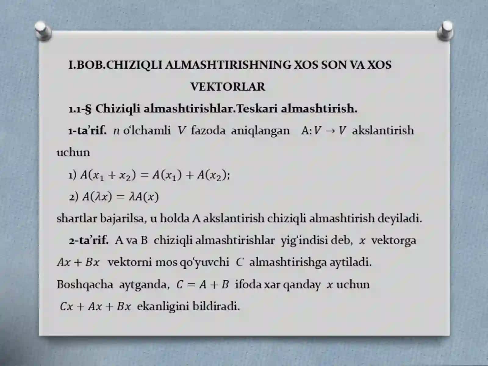 Chiziqli almashtirishlarning xos son va xos vektorlari 3