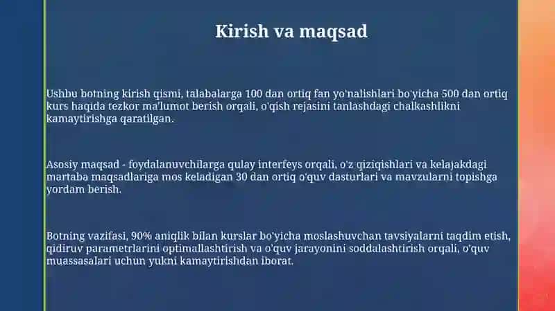 Yoʻnalishda mavjud fanlar boʻyicha maʼlumot beruvchi bot yaratish 3