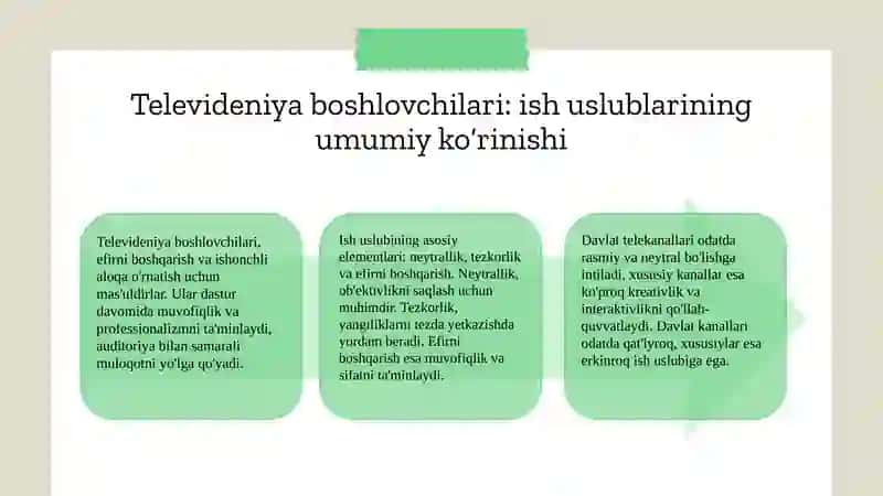 DAVLAT TELEKANALLARI VA XUSUSIY TELEKANALLAR BOSHLOVCHILARINING NUTQI VA ISHLASH USLUBI O‘RTASIDAGI FARQ VA TAFOVUTLAR 3