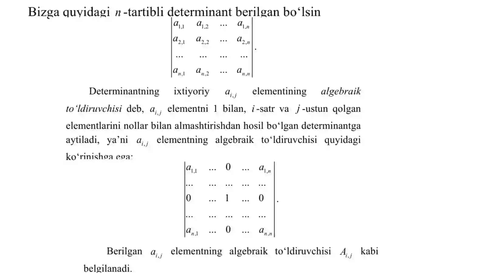 Minorlar va algebraik to'ldiruvchilar. Laplas teoremasi 3